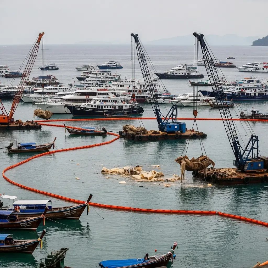 Cleanup of fiberglass debris from Chalong Bay with tour boats and oil booms after a pier fire