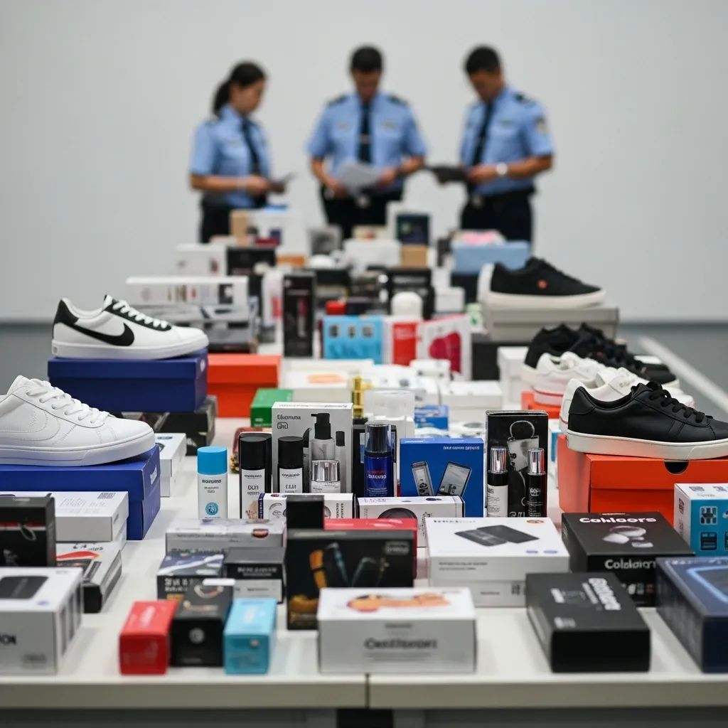 Table of assorted seized counterfeit goods in a warehouse inspection setting