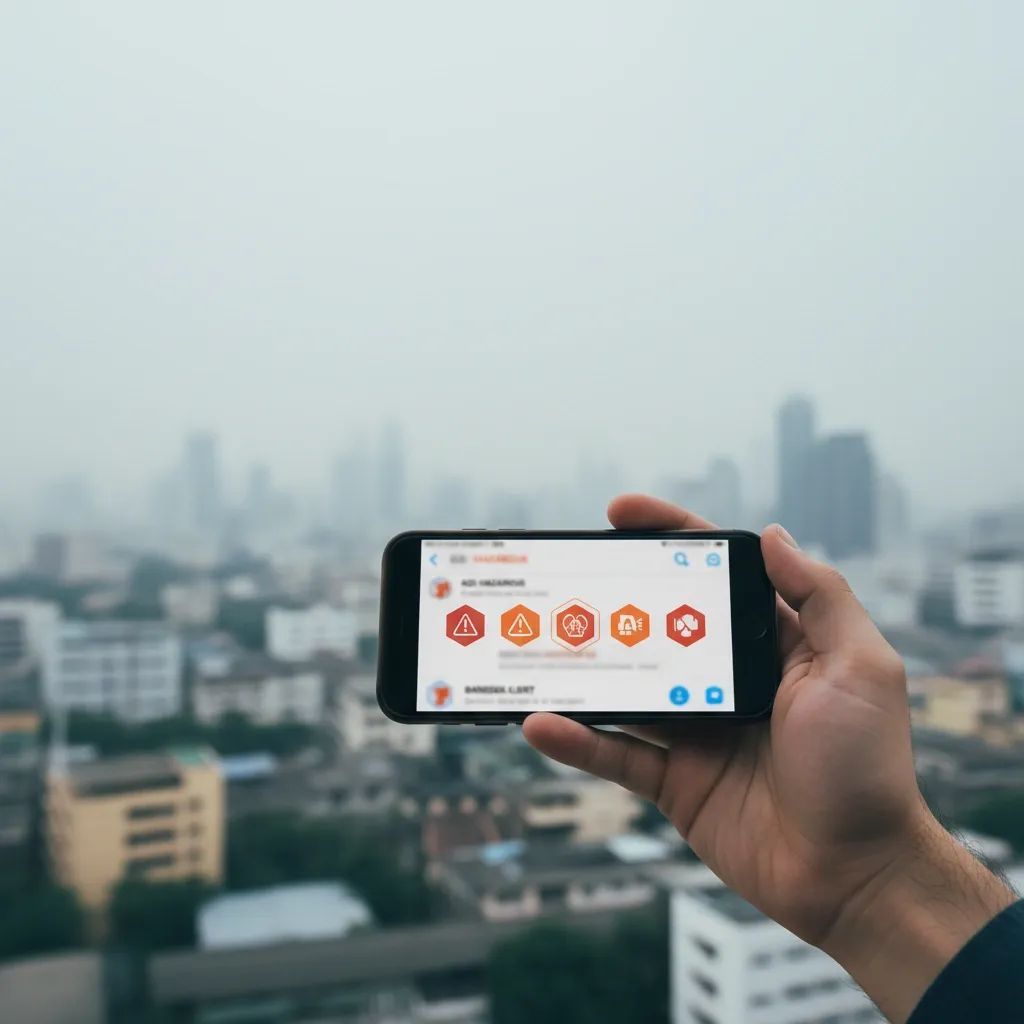 Hand holding a smartphone showing a pollution alert against a hazy Bangkok skyline