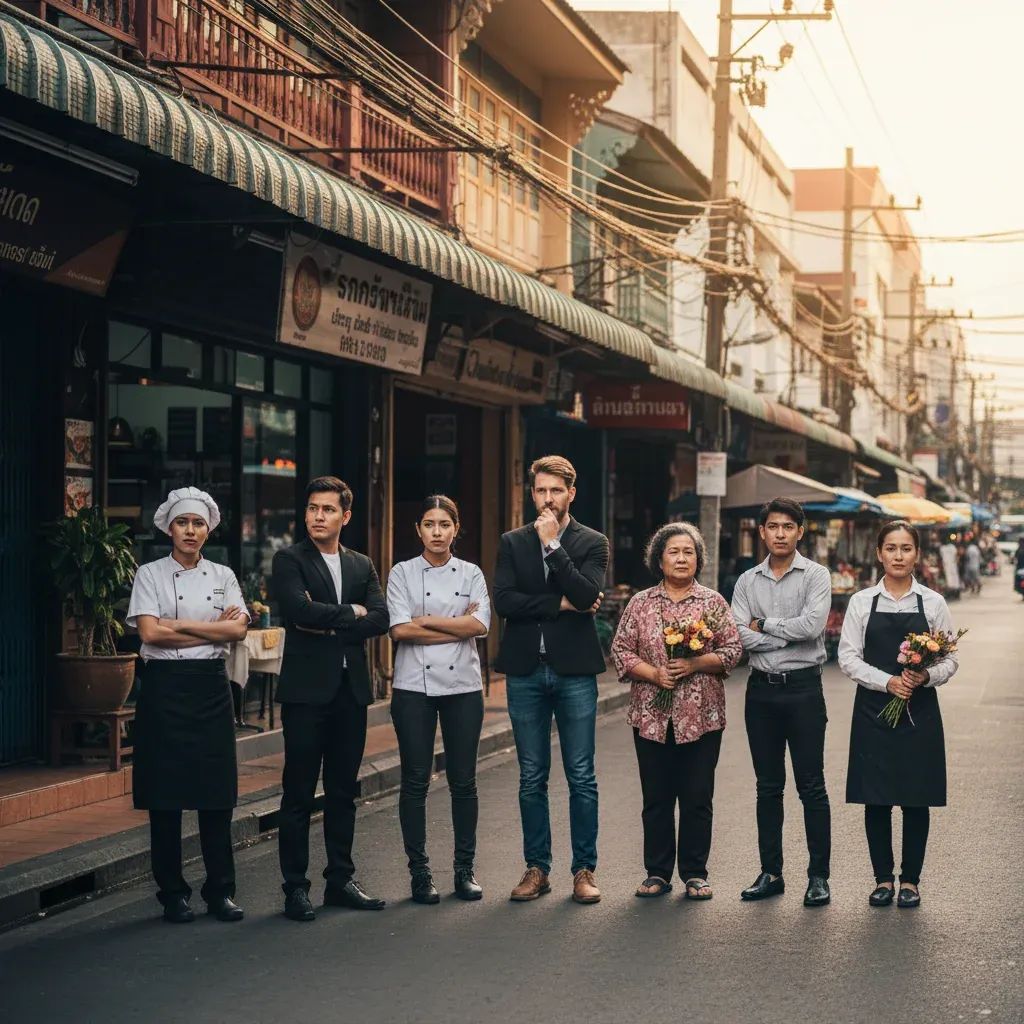 Small business owners outside their shops in Bangkok representing Thailand's struggling SME sector