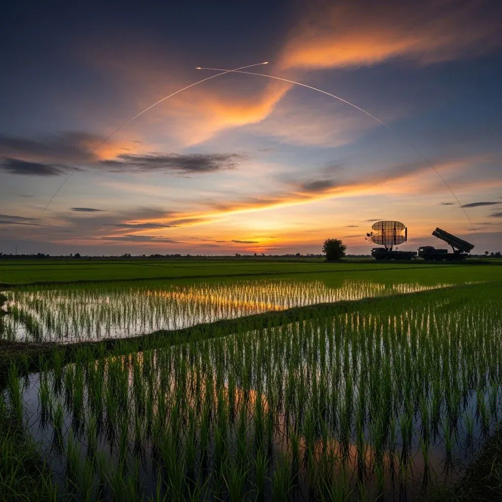 Thai rice field border landscape with radar dish and missile launcher silhouette under rocket trails
