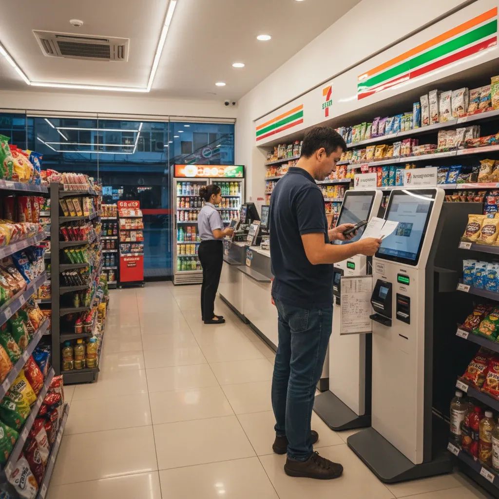 Customer using bill payment terminal inside a 7-Eleven convenience store