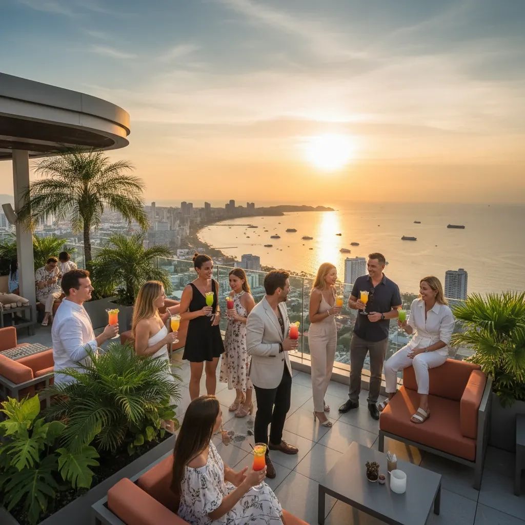 Diverse patrons enjoying mocktails at a modern rooftop bar in Pattaya with coastal views