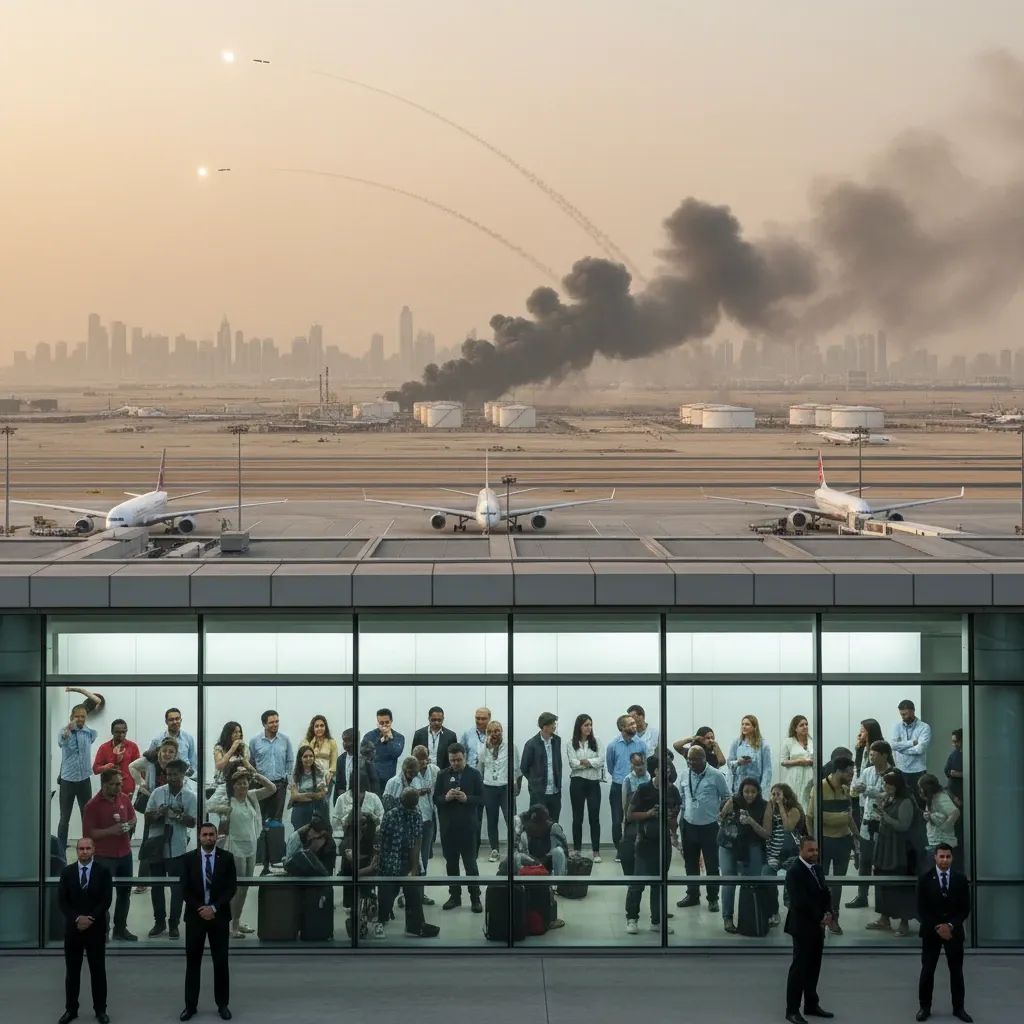 Dubai airport terminal with smoke visible near fuel storage during security incident