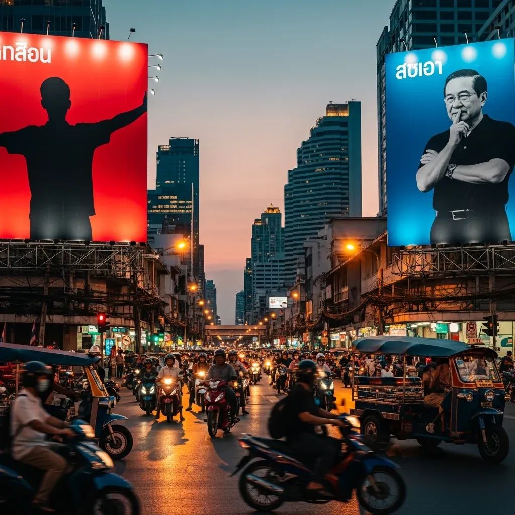 Bangkok street lined with red and blue campaign billboards and silhouettes of candidates against city skyline