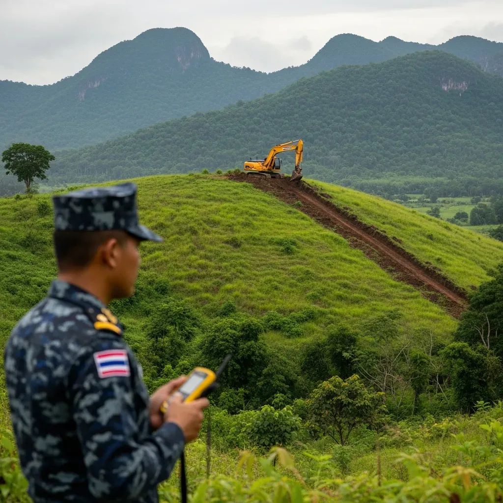 Thai navy officer uses GPS device to monitor trench dug by excavator on Thailand-Cambodia border hillside