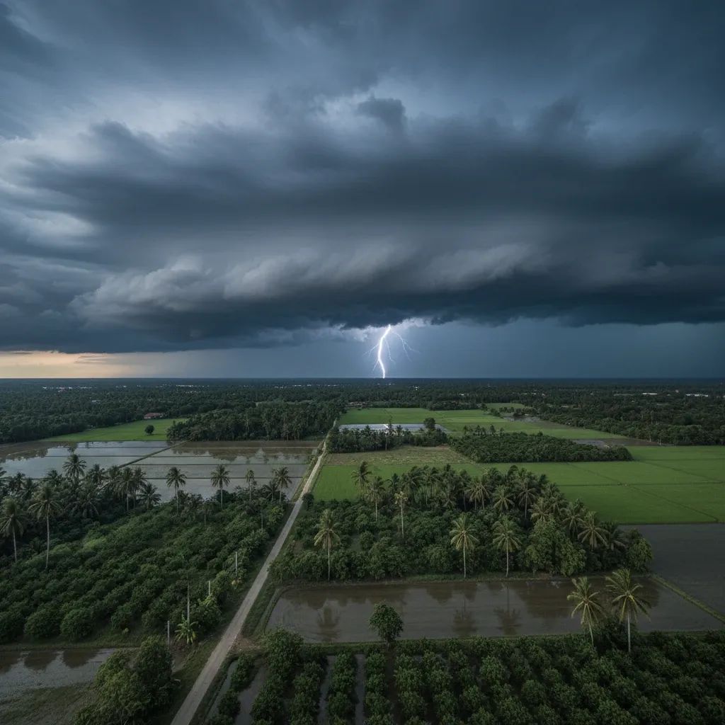 Dark storm clouds approaching Thai countryside with farmland below and lightning in distance