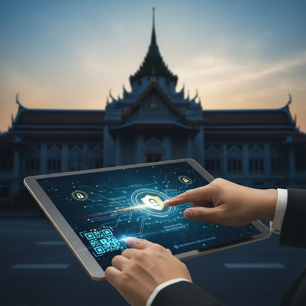 Digital banking security concept with QR code and courthouse elements representing Thailand's gambling case and banking reforms