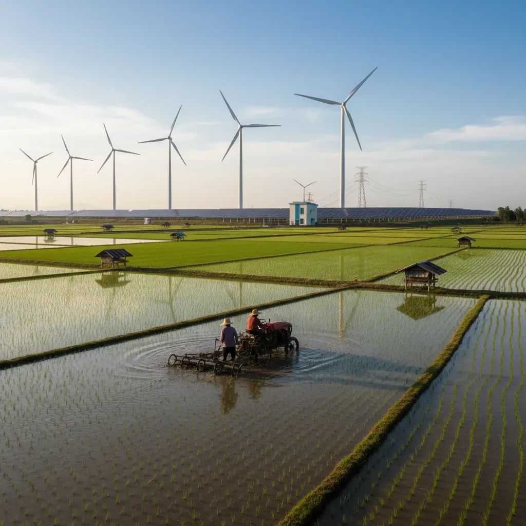 Thai farmer with agricultural machinery in rural field, symbolizing renewable fuel innovation for agriculture