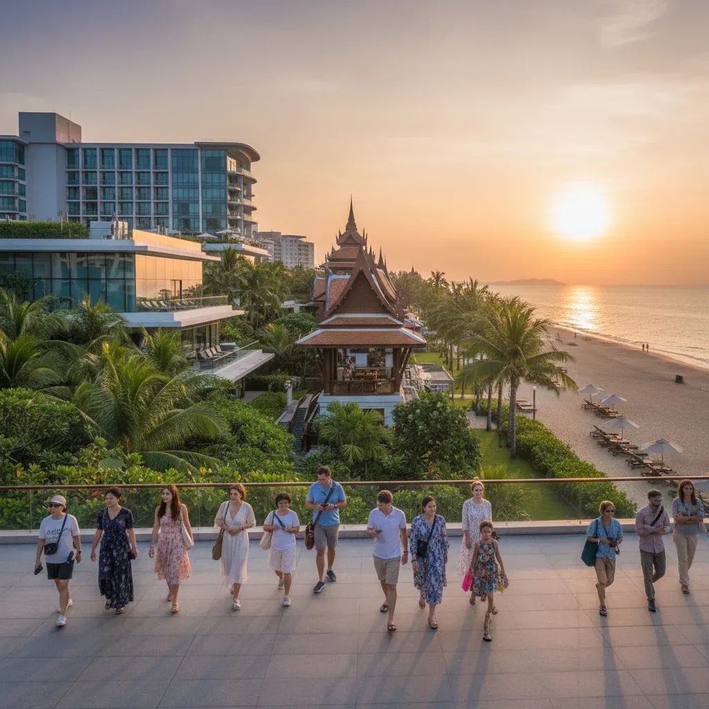 Diverse international tourists enjoying premium beach resort experience in coastal Thailand