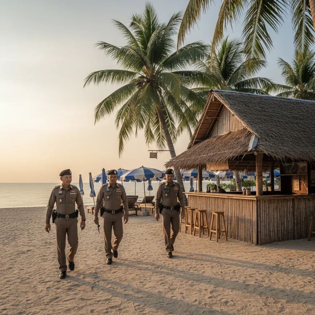 Thai police officers inspecting a beachfront bar on Koh Phangan at dawn