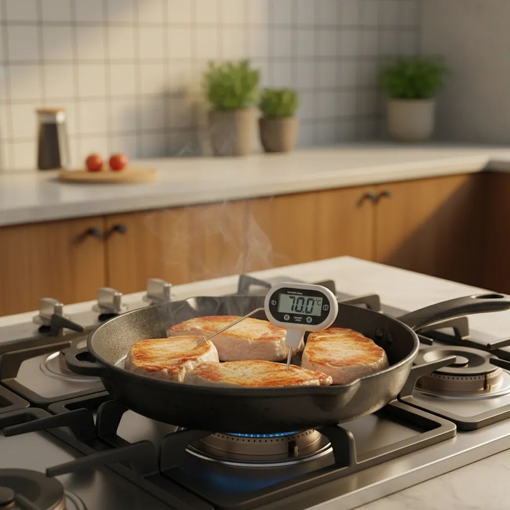 Pork being cooked to safe temperature with meat thermometer, health safety demonstration