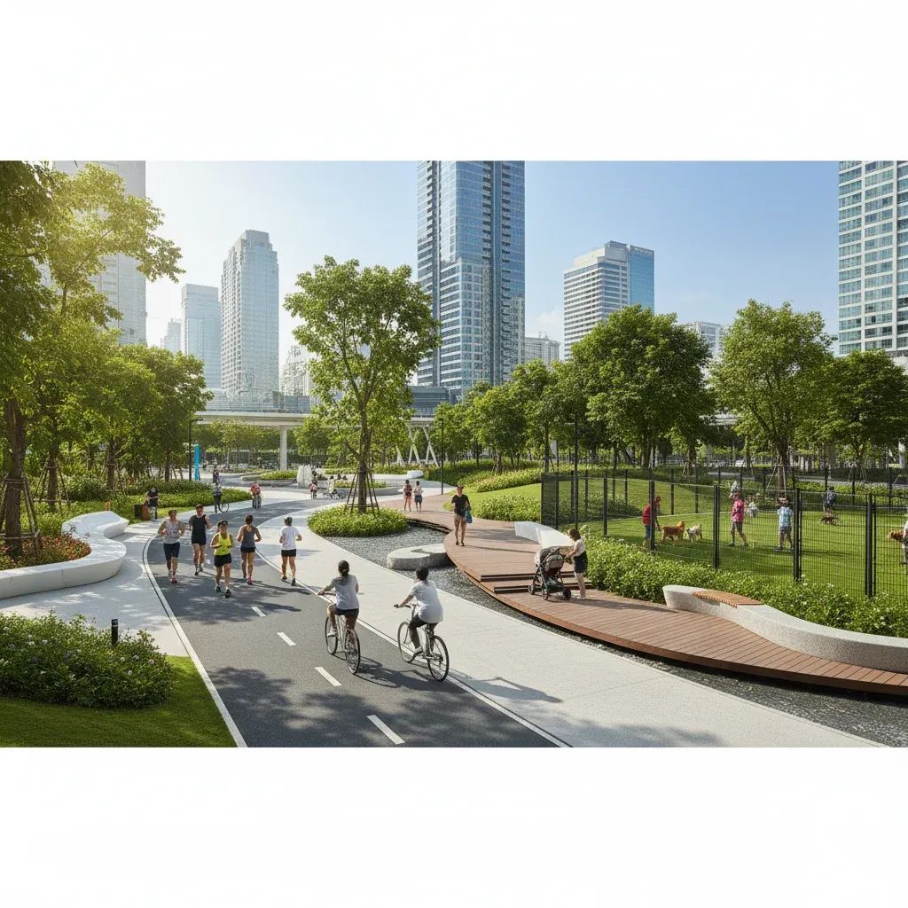 Diverse park users enjoying Bangkok's urban green spaces with cyclists on dedicated lanes and dog owners in designated zones