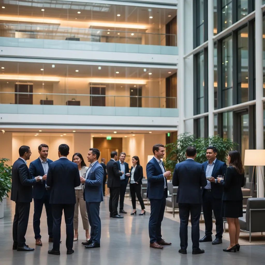 International business professionals networking at a modern convention center during a professional tourism industry event