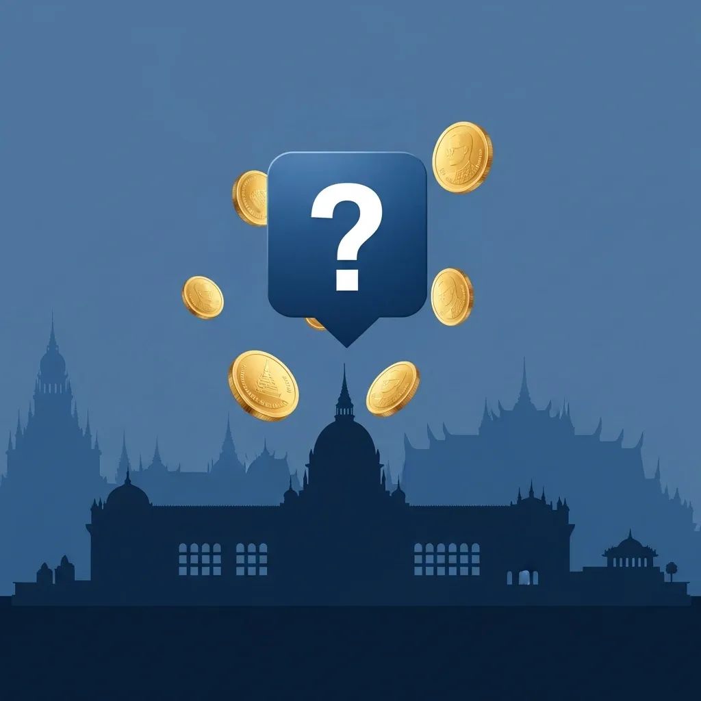 Stylized Thai Parliament silhouette with floating baht coins and question mark indicating investment uncertainty
