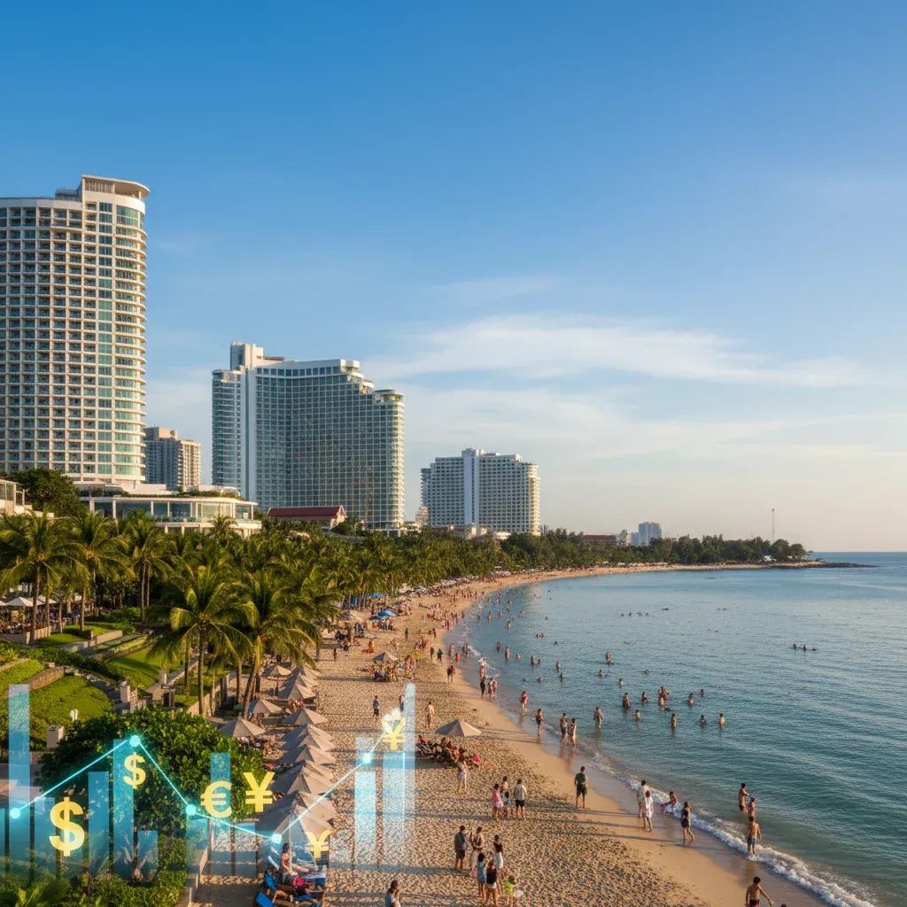 Pattaya beachfront with hotels and tourists, symbolizing stable tourism and currency planning