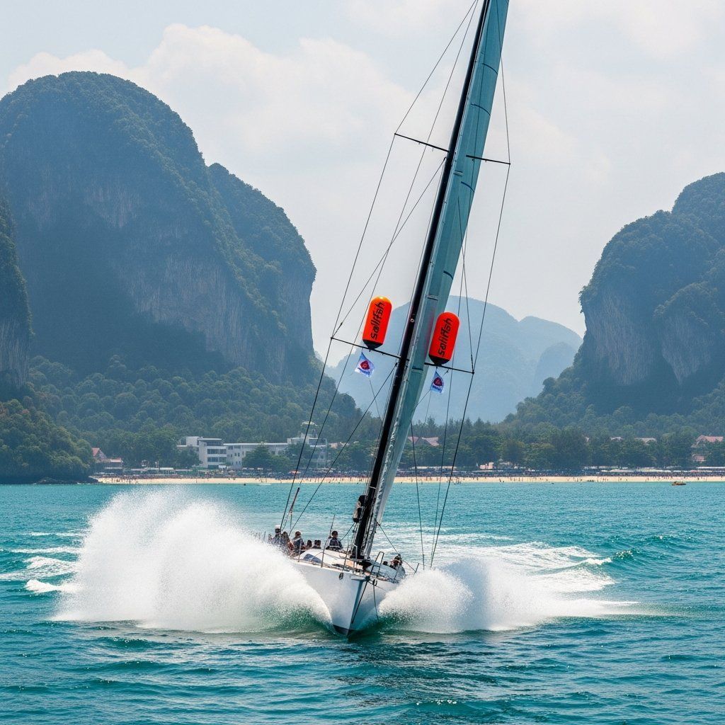 High-tech racing yacht with orange tracking beacons off Karon Beach in Phuket