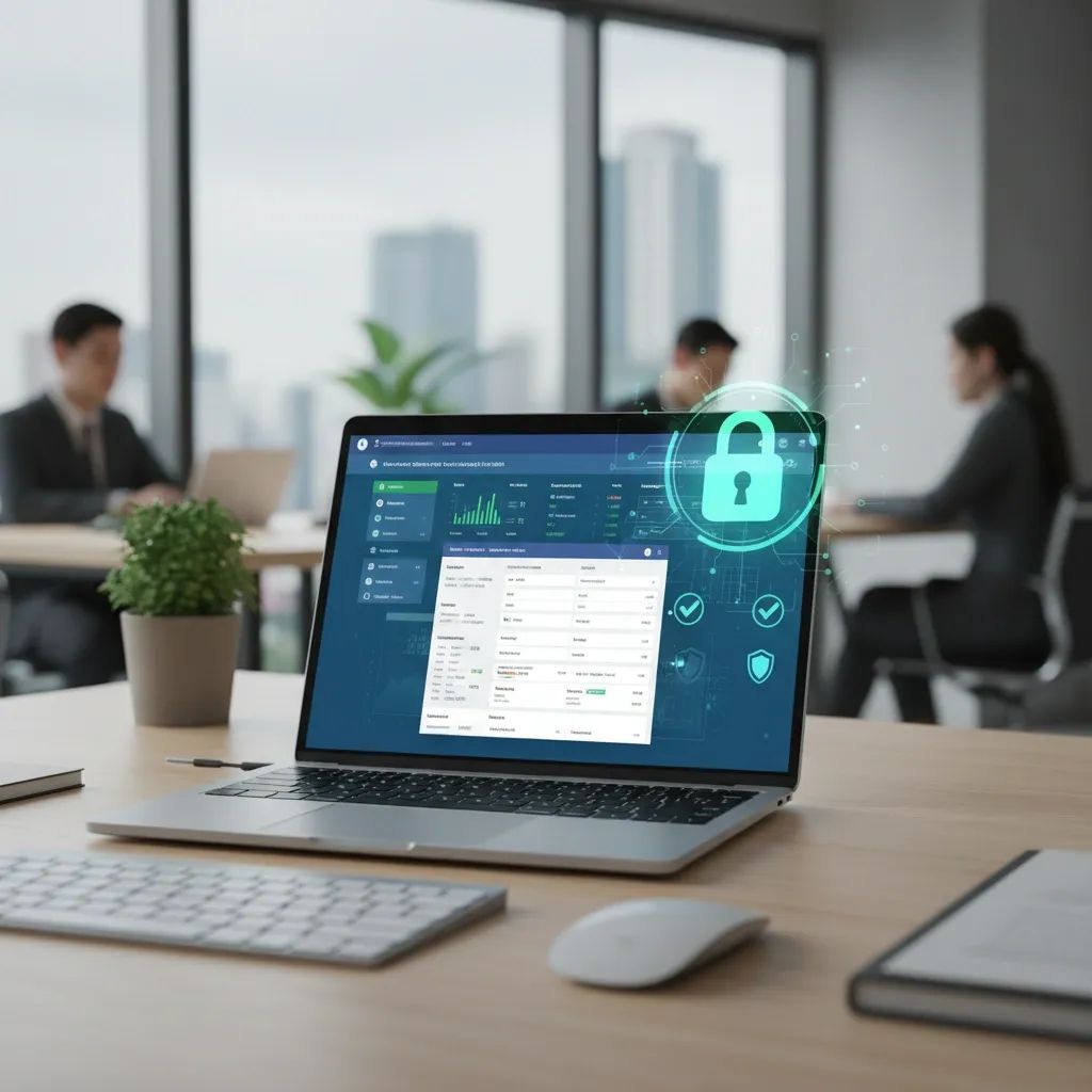 Laptop displaying social media advertising interface with security verification elements and padlock icon in professional office setting