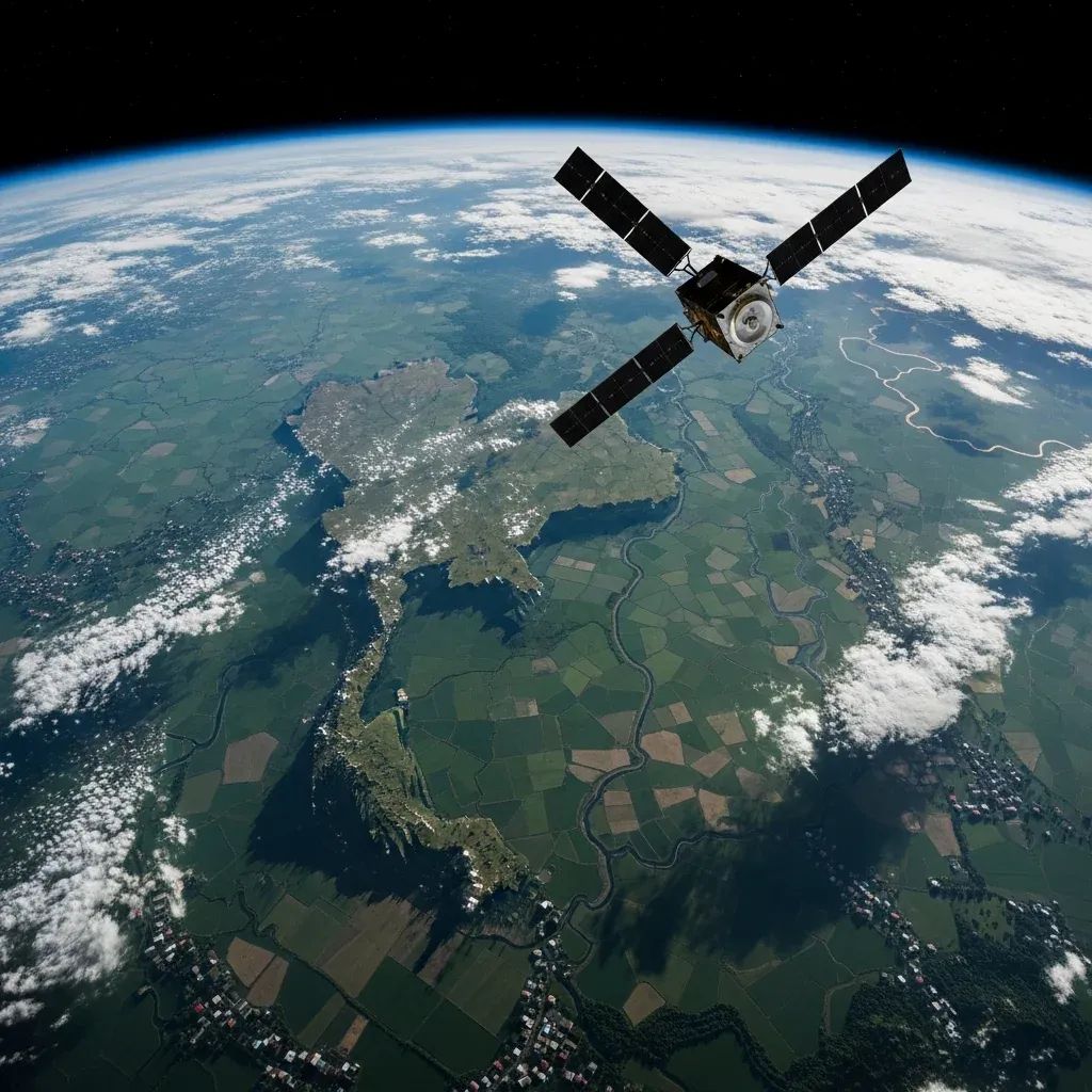 Generic satellite orbiting above Earth showing Thai rice paddies and river