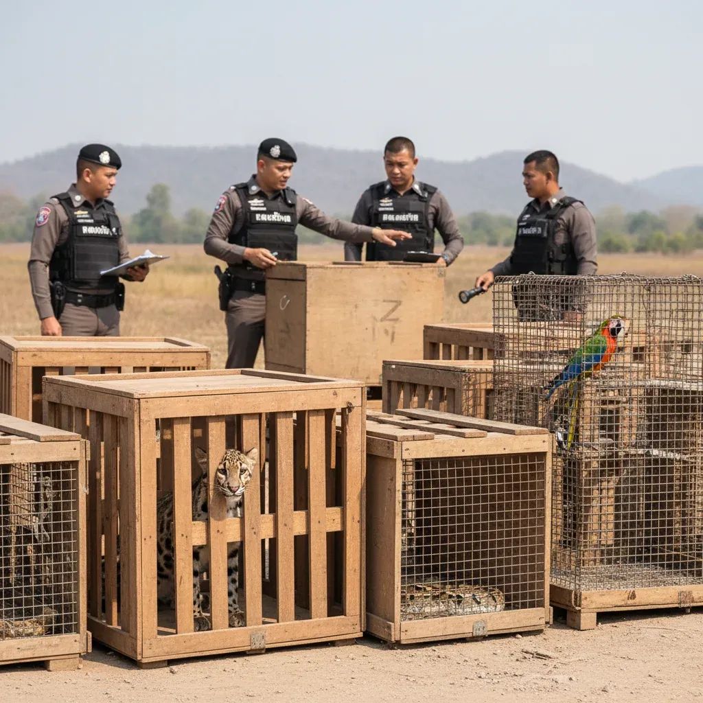 Police officers inspecting seized wildlife in wooden crates during Cha-am trafficking bust in Thailand