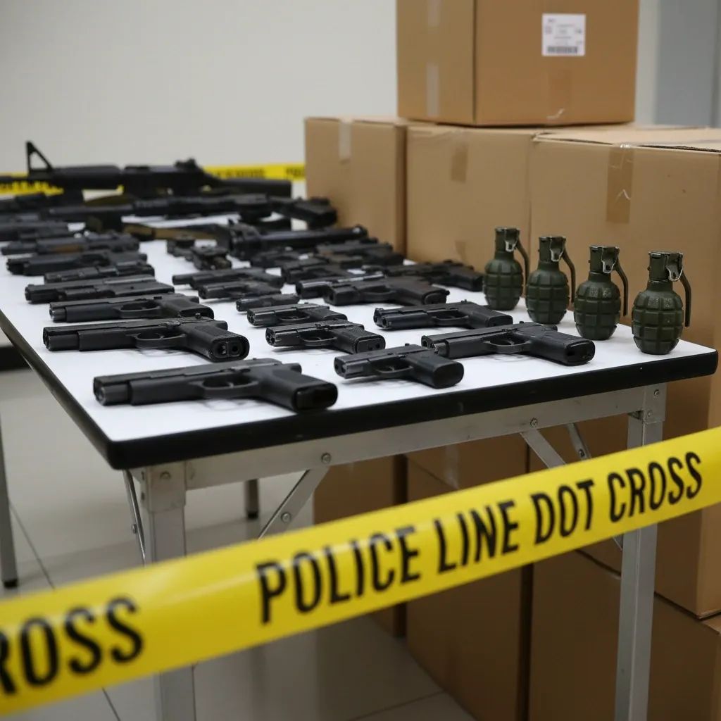 Seized rifles, grenades and parcel boxes behind Thai police caution tape after Nakhon Si Thammarat raid