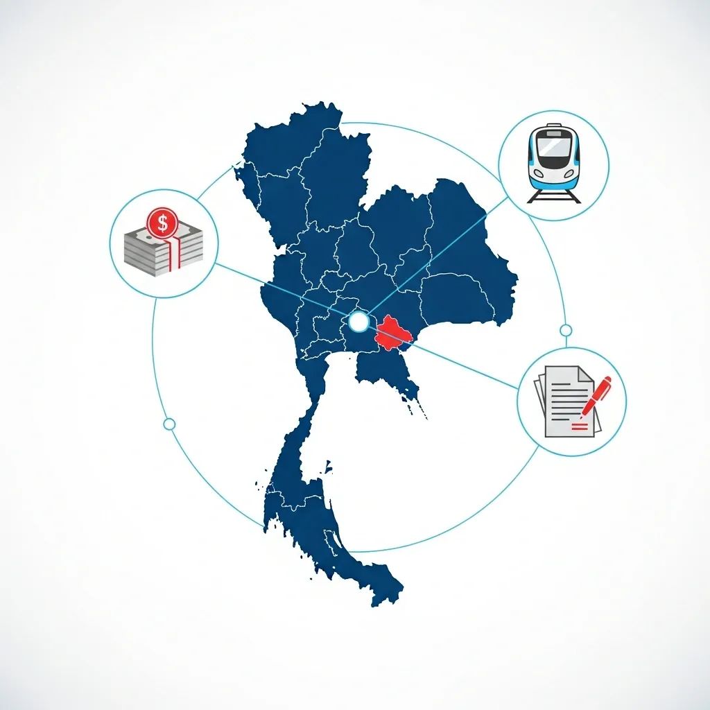 Infographic of Thailand map with icons for cash handouts, cheap train fares, and loan programs