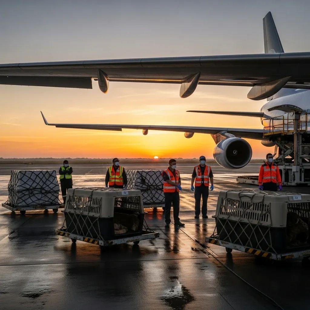 Wildlife rescue team loading steel crates with orangutans onto a cargo plane at dawn