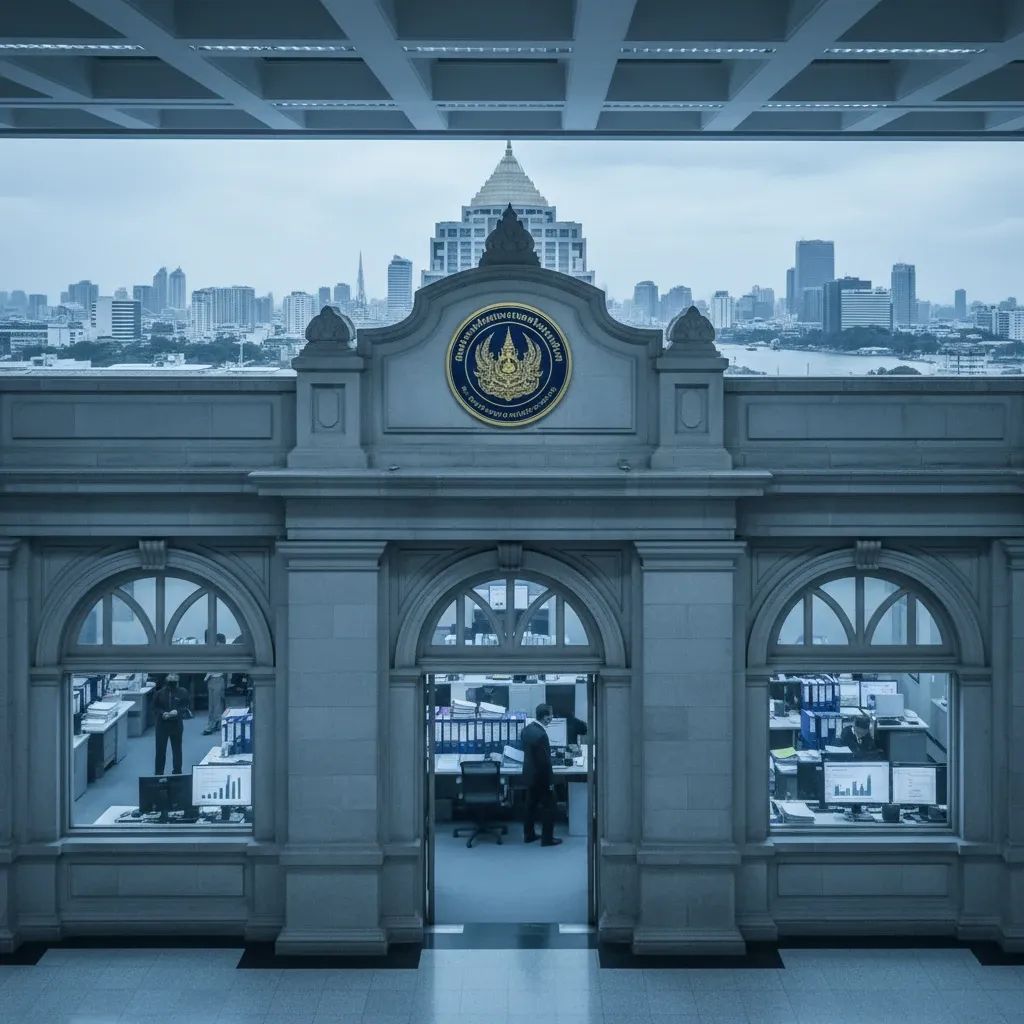 Thai government investigative office with legal documents and computer equipment representing financial crime investigation