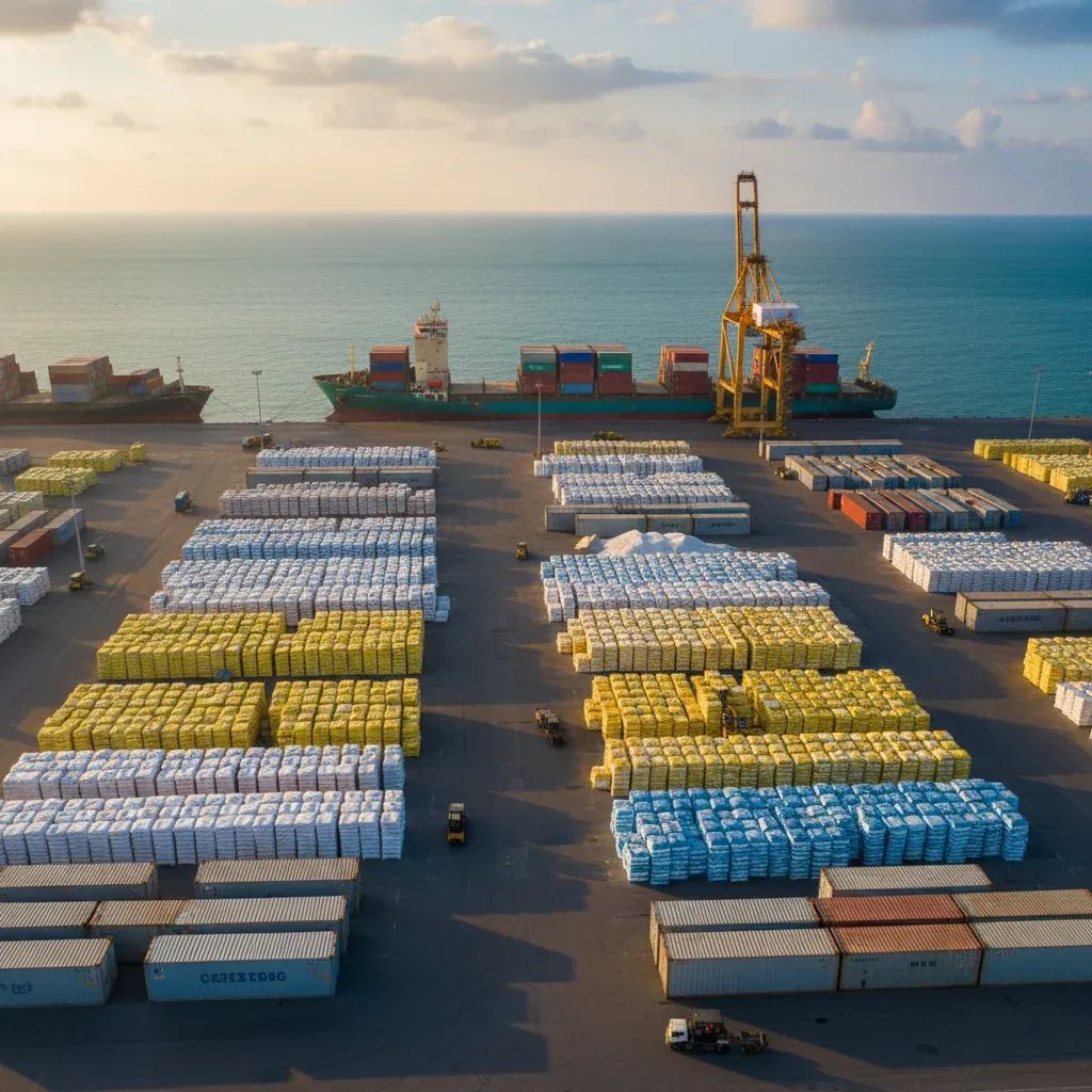 Industrial fertilizer storage facility with stacked bags and cargo handling equipment at port terminal