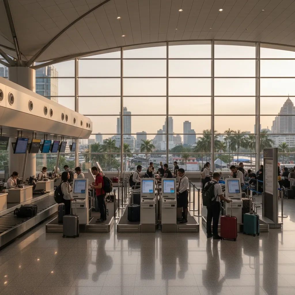 Diverse travelers at airport departure counter with modern terminal architecture