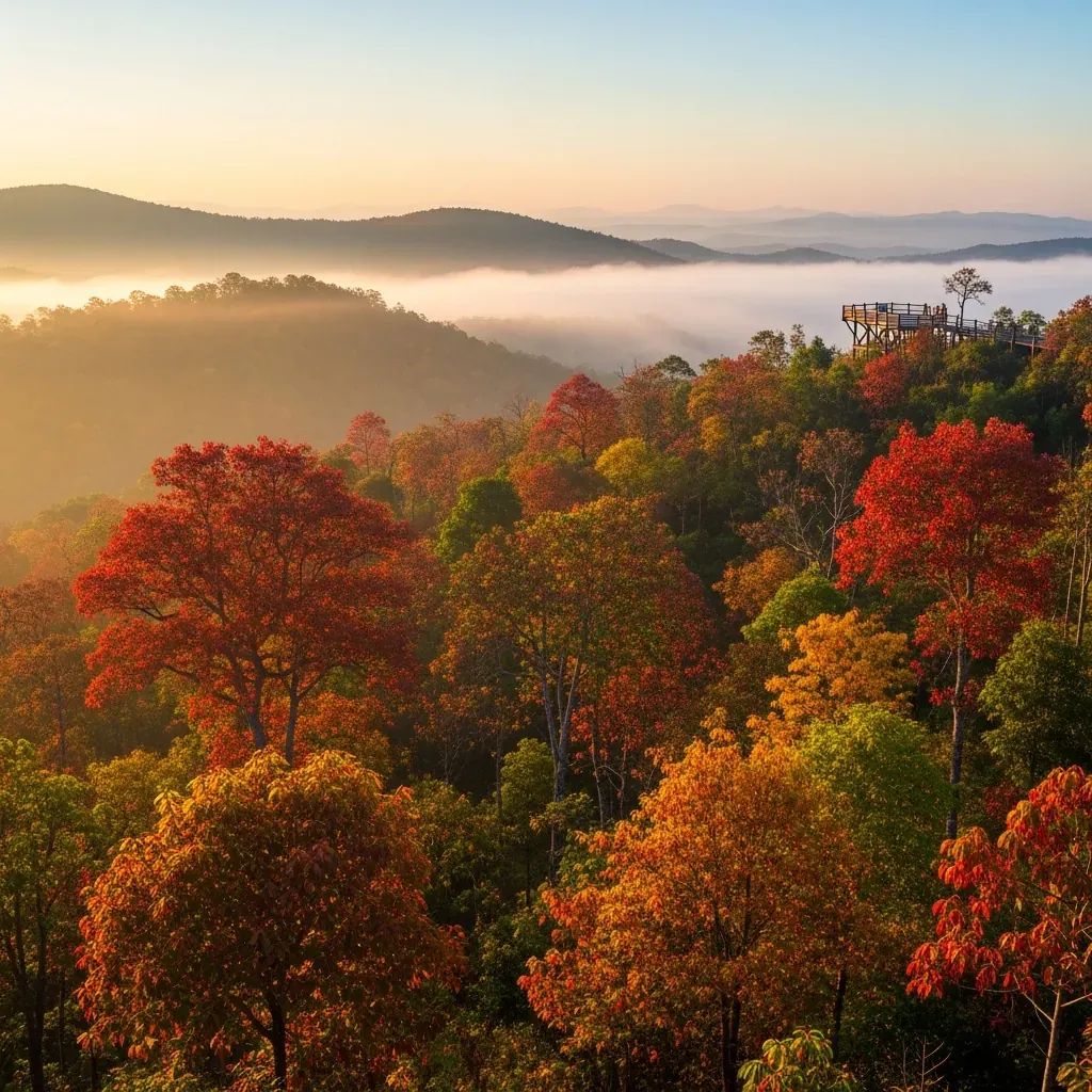 Panoramic sunrise view of Nam Nao forest in Thailand with red, amber, and yellow foliage