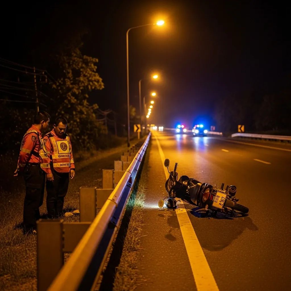 Nighttime rural Thai highway crash scene with a fallen motorcycle and police responders under streetlights