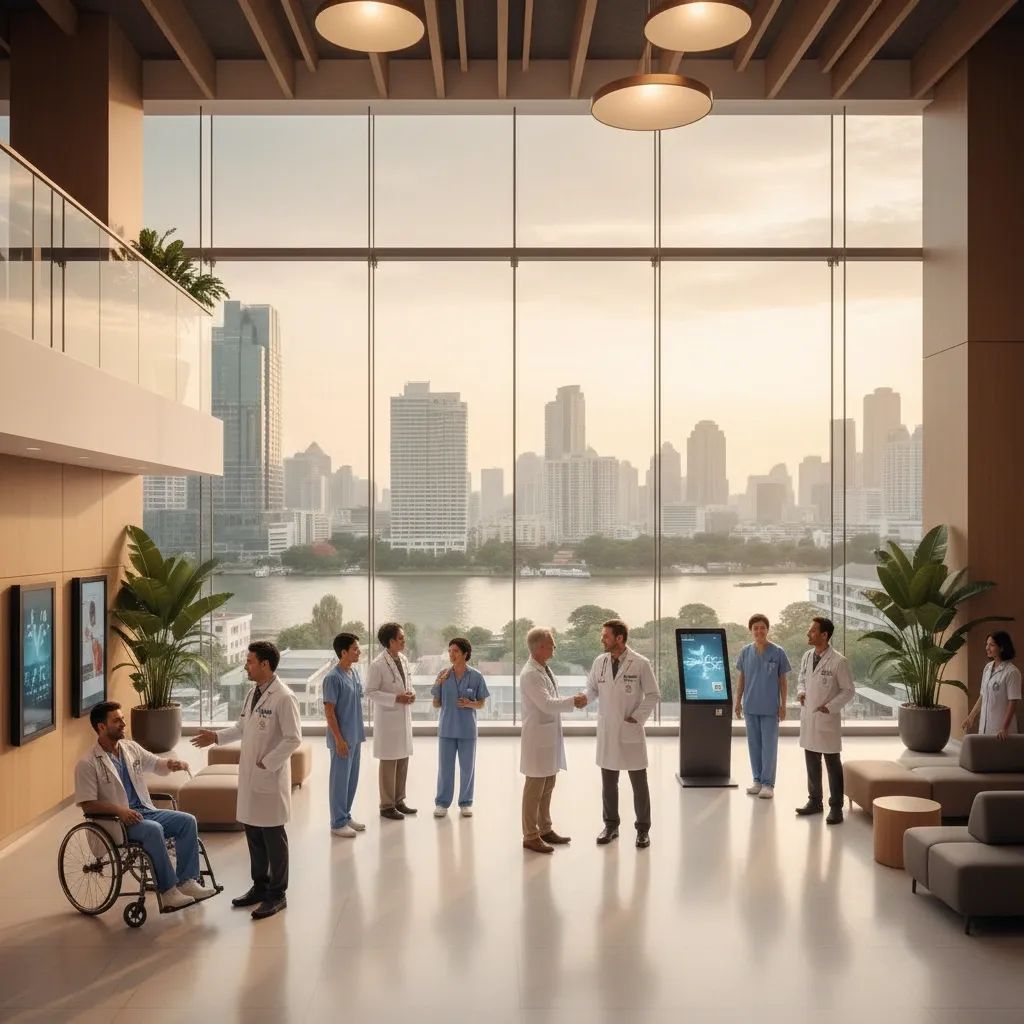 International patients and medical professionals at a modern Bangkok hospital facility
