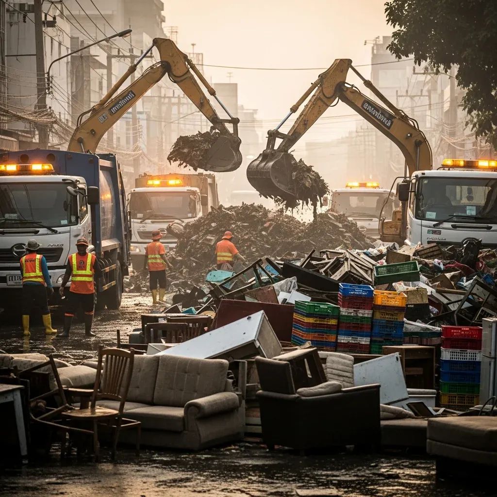Garbage trucks and excavators clearing flood-damaged furniture and appliances piled on a Hat Yai street