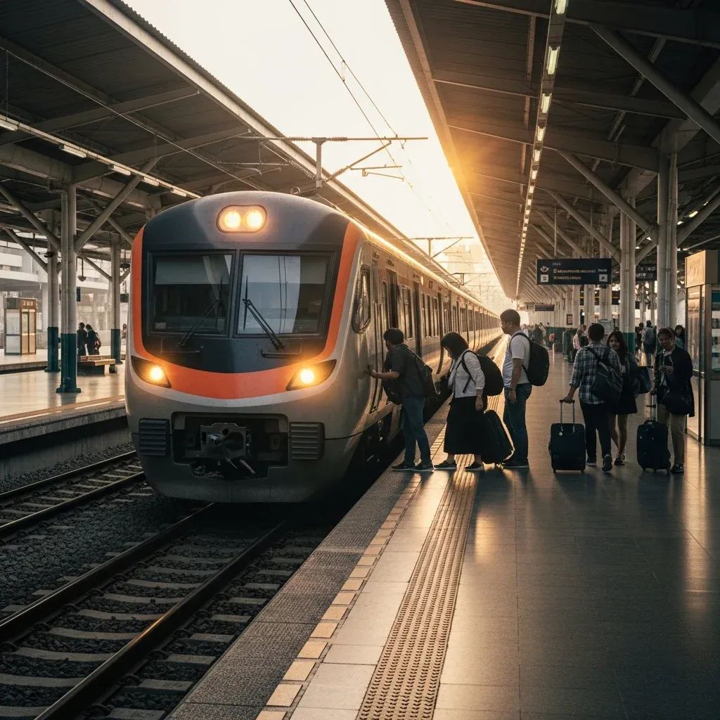 Inter-city train boarding at a modern Thai railway station platform with passengers and luggage