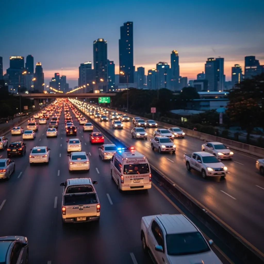 Ambulance and pickup truck weaving through traffic on a Thai highway at dusk
