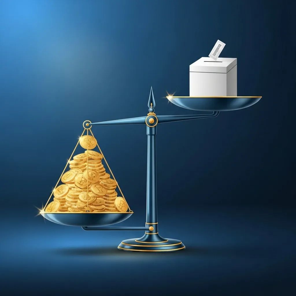 Tipping scale weighed down by Thai baht coins beside a ballot box illustrating uneven political funding