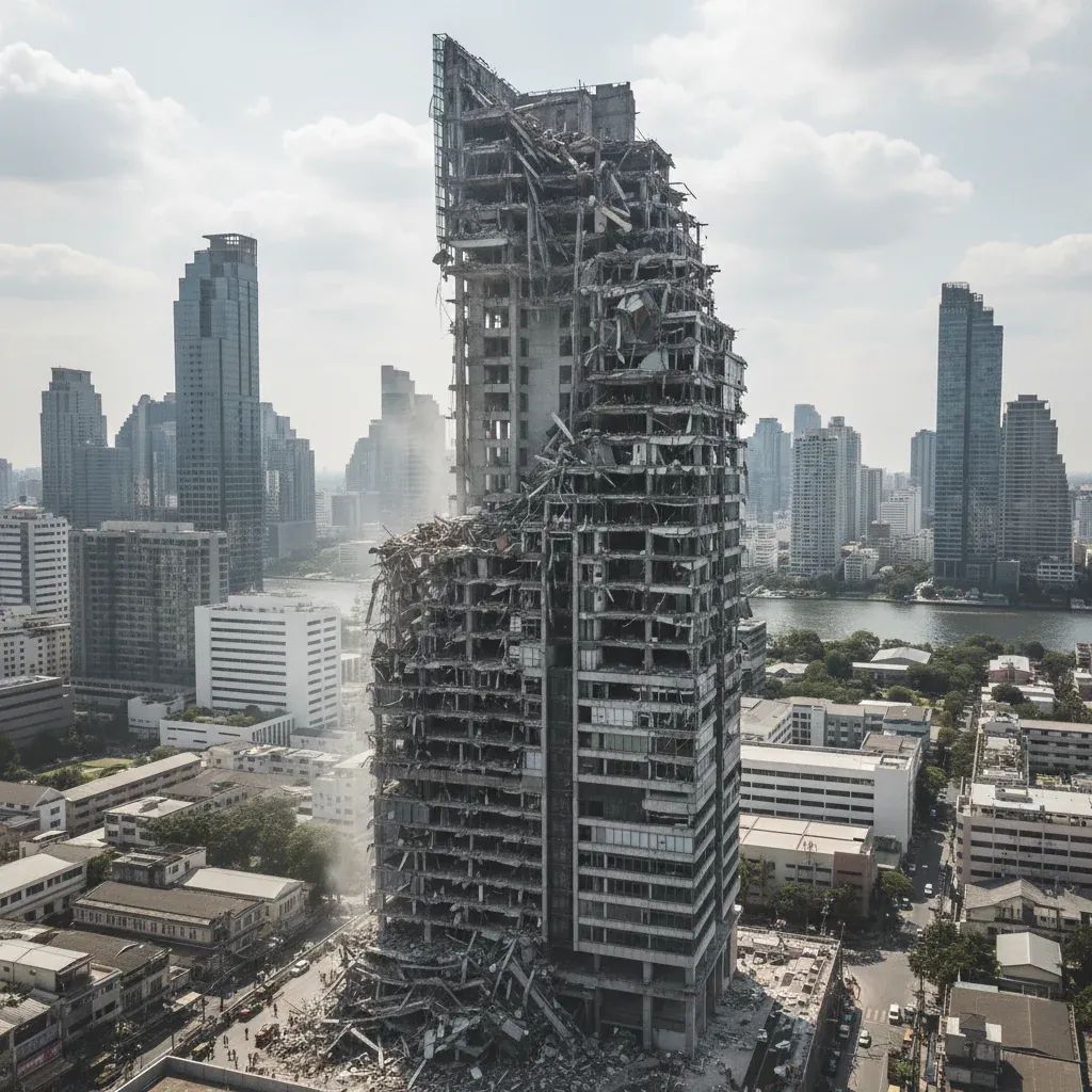 Aerial view of collapsed 30-story Bangkok building showing structural damage and debris with intact high-rises in background