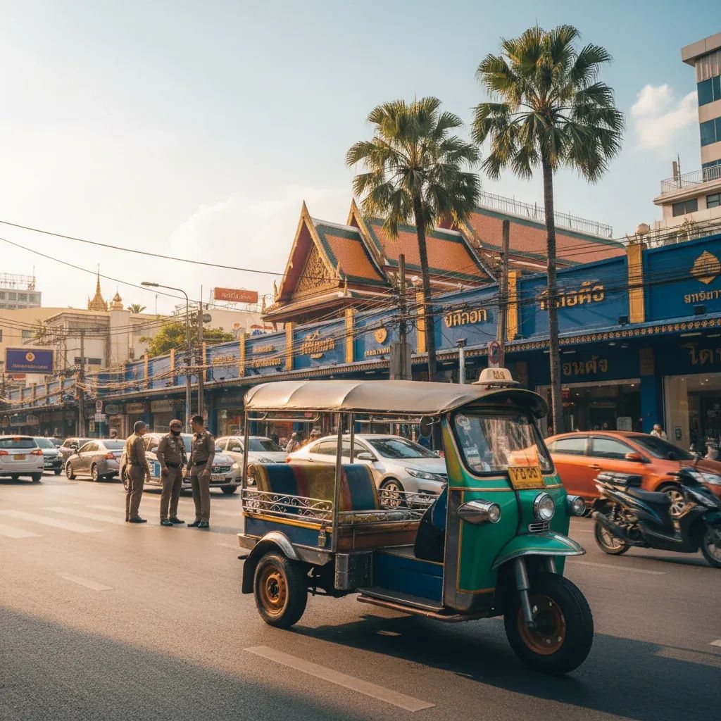 Traditional Bangkok tuk-tuk parked on busy Pathumwan street with urban surroundings and daytime traffic