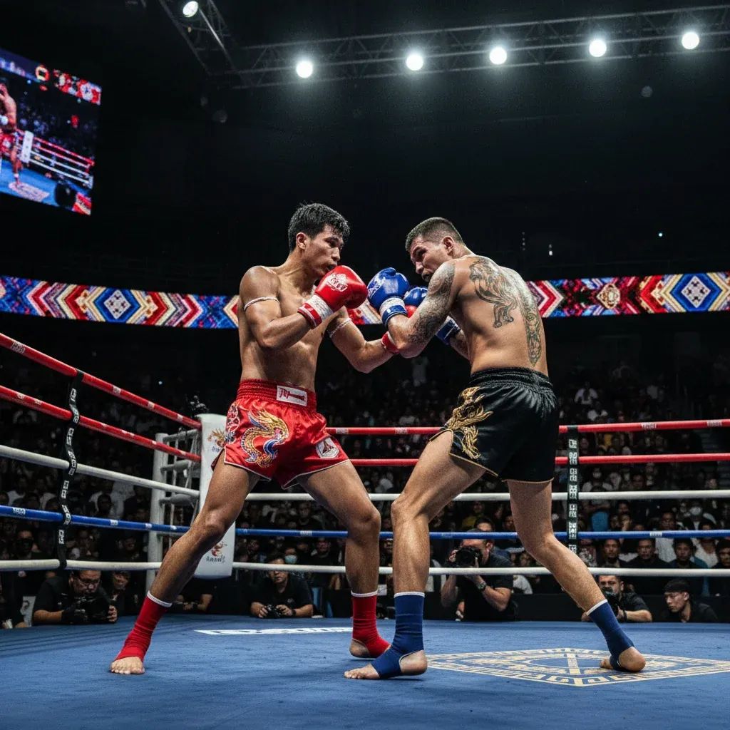Two professional kickboxers squared up in modern stadium ring under dramatic lighting