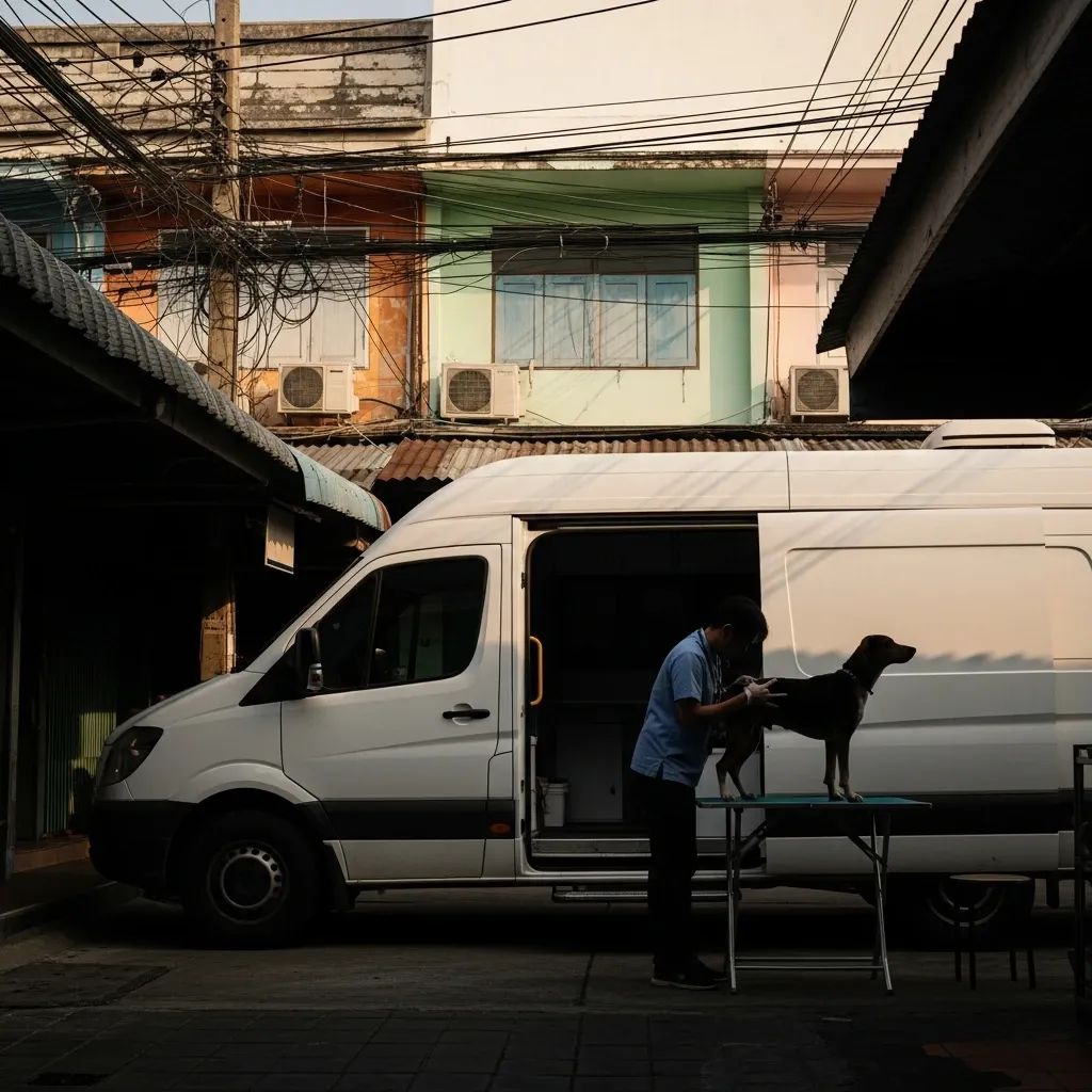 Veterinarian examining a dog beside a mobile veterinary clinic van on a Bangkok street