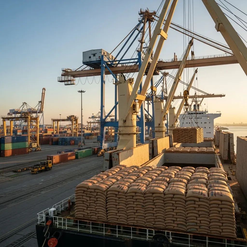 Stacks of jute rice sacks being loaded onto a cargo ship at a port for export