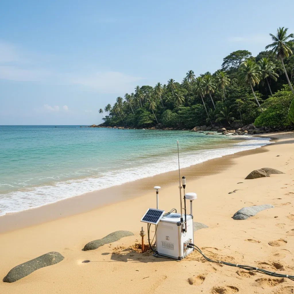 Coastal monitoring station overlooking calm Borneo waters after seismic alert