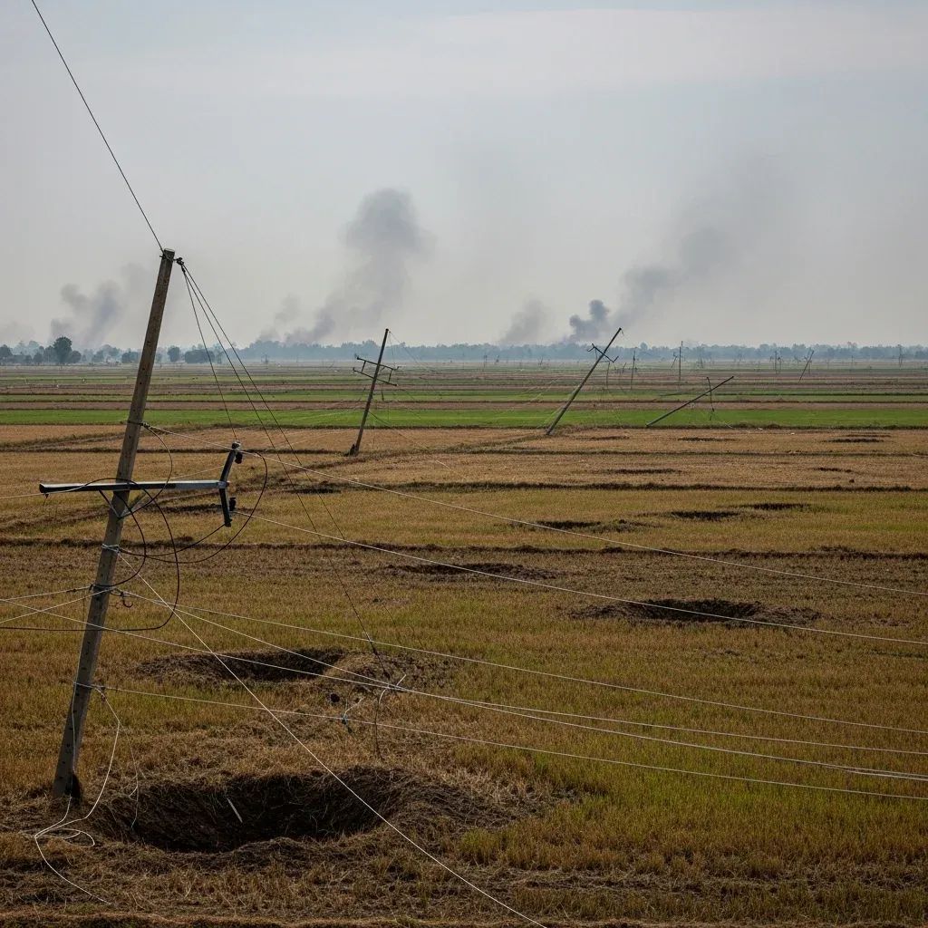 Craters and fallen electric poles in Sa Kaeo border rice fields with smoke rising