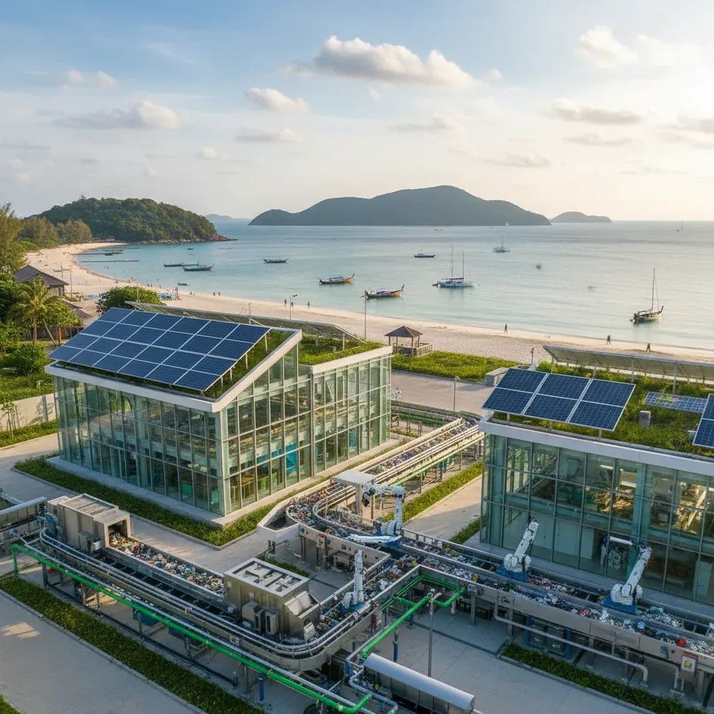 Modern waste management facility on Koh Larn island with beach and sea visible in background
