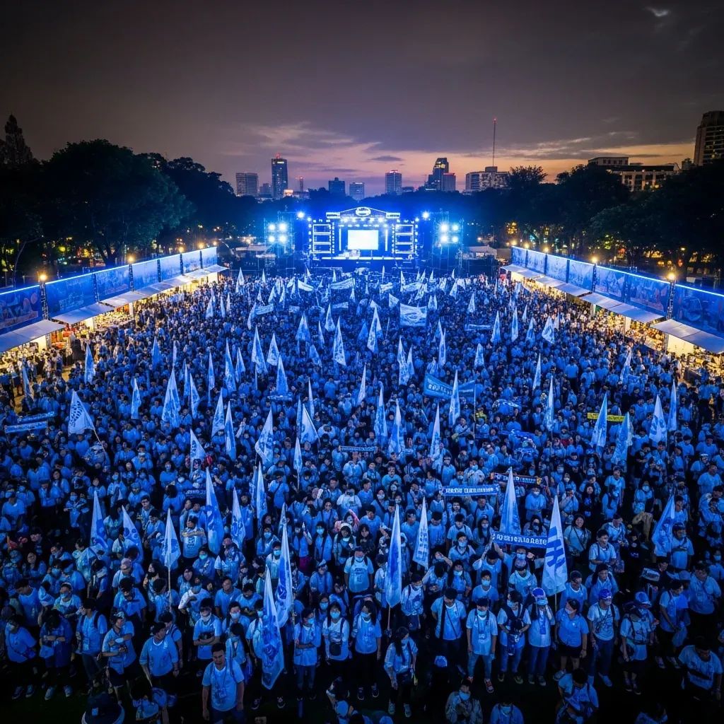 Blue-themed political rally at Lumpini Park with stage, LED booths and diverse crowd