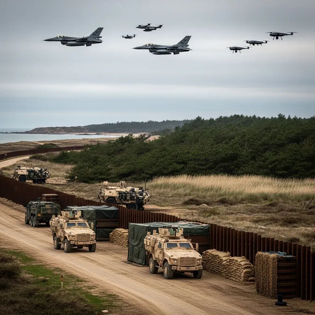 Aerial view of Thai military jets, drones, and armored vehicles near a forested border post