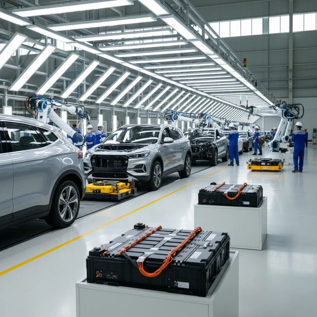 Modern EV assembly factory floor in Thailand with battery electric vehicles on production line and manufacturing equipment