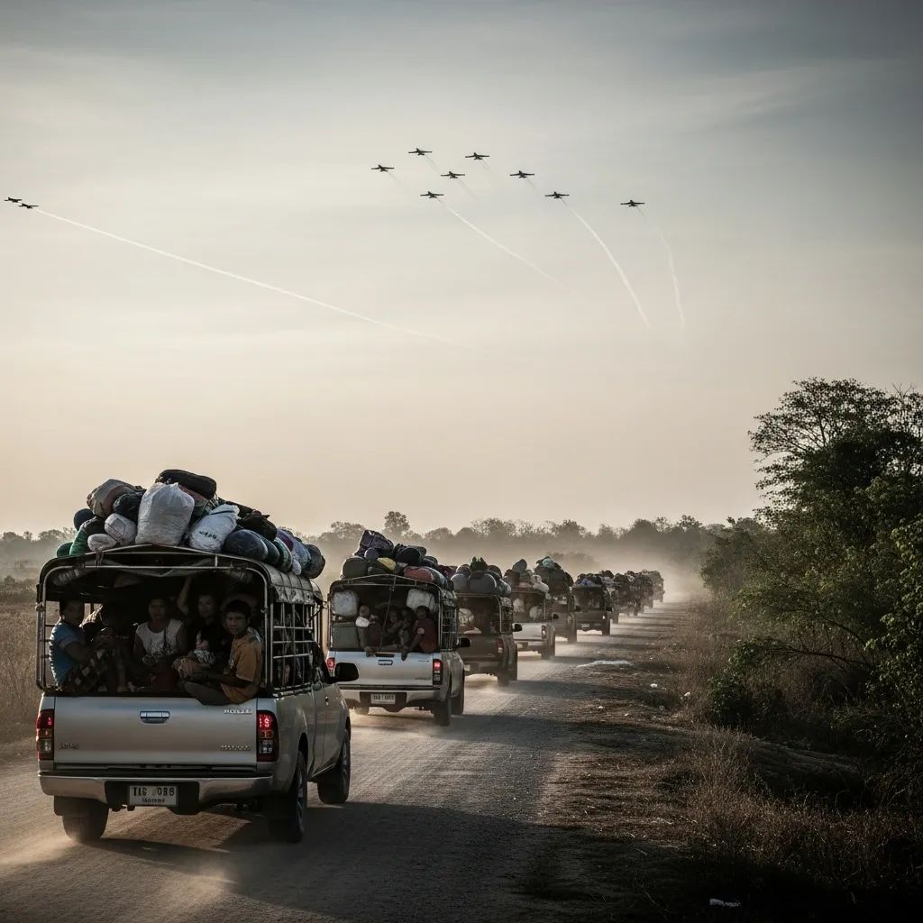Pickup trucks evacuating border villagers under overhead military jets at dawn