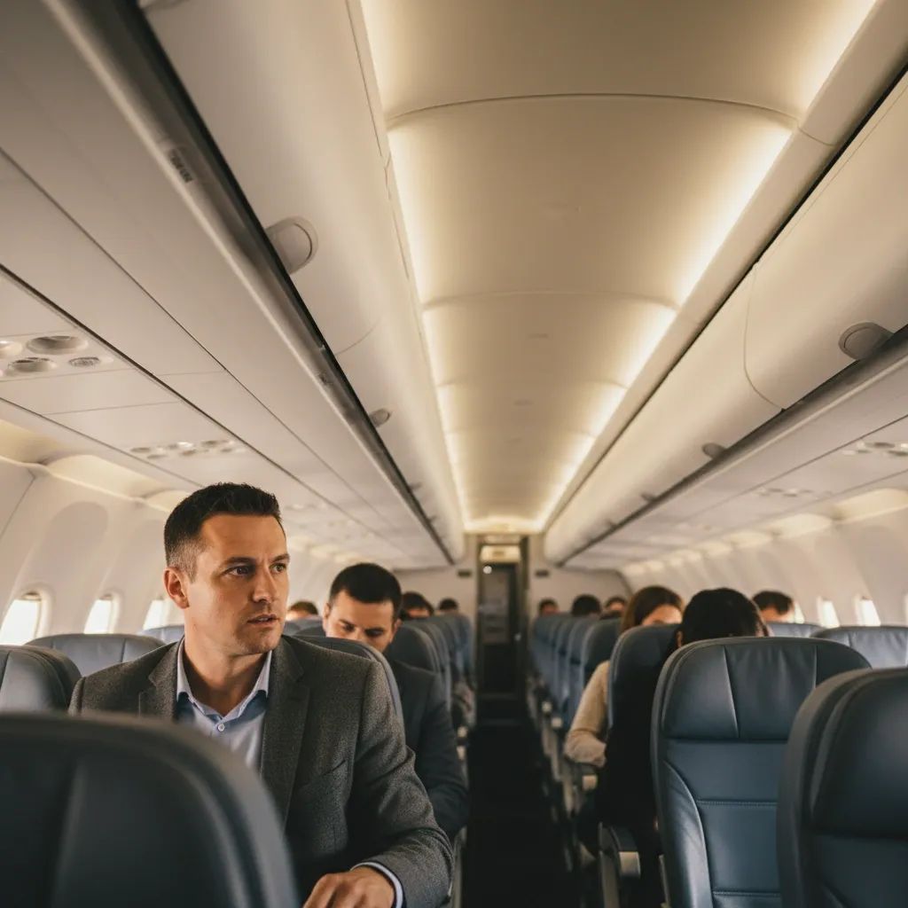 Passenger in aircraft cabin monitoring overhead bin security during flight